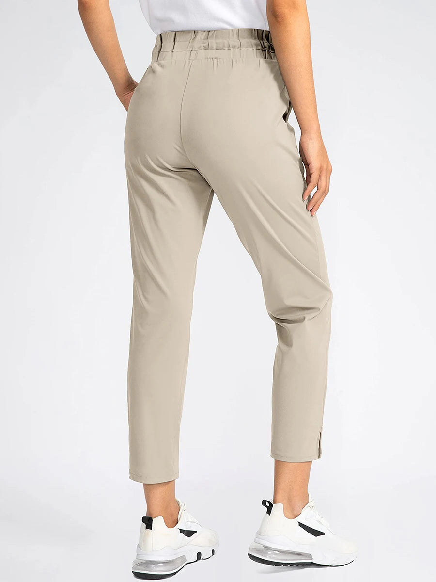 Women's Elastic High Waist Black Ankle Trousers Casual Loose Straight Leg Pants Drawstring Pockets Commuter Joggers Office