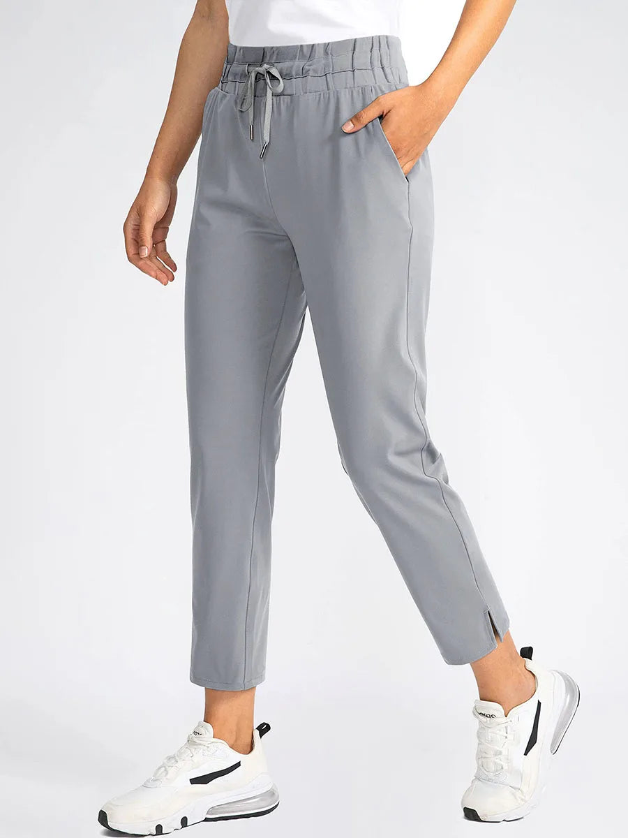 Women's Elastic High Waist Black Ankle Trousers Casual Loose Straight Leg Pants Drawstring Pockets Commuter Joggers Office