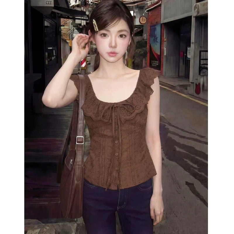Lacing Sleeveless Ruffles Button Solid Korean Tops Tees Summer Hollow Out Slim Temperament T Shirts Korean Fashion Women Clothes