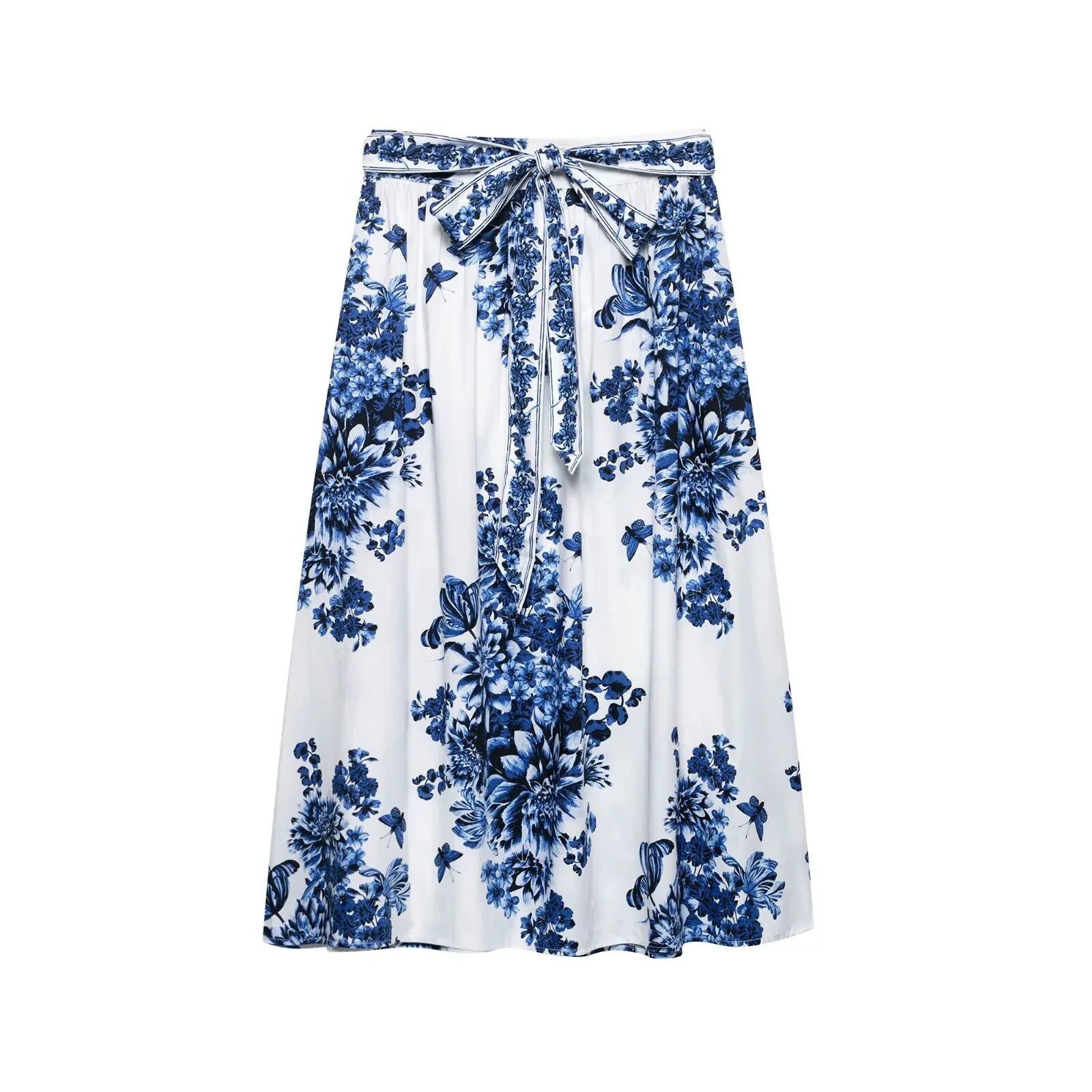 Elegant Women Fashion Floral Print Bow Tied Sashes Skirt Faldas Mujer Female Summer Casual Slim Zipper Midi Skirts QUN9118