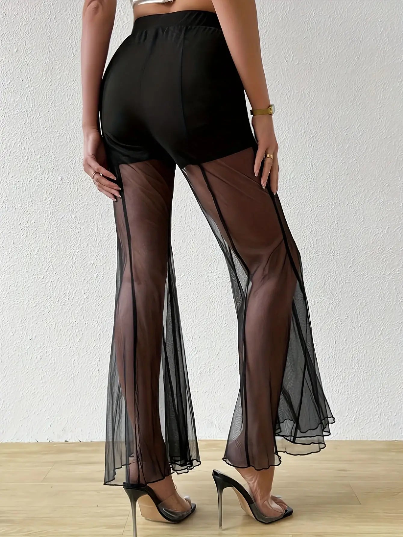 Mature Women's Dark Sexy Cool Handsome Wide Leg Flared Pants Fashionable Outfit Perspective Style