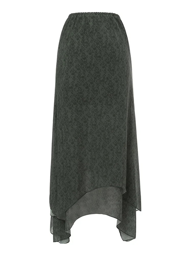Women Vintage Floral Midi Skirts High Waist Mesh Wrapped Irregular Skirt Y2K Aesthetic Grunge Casual Sexy Streetwear