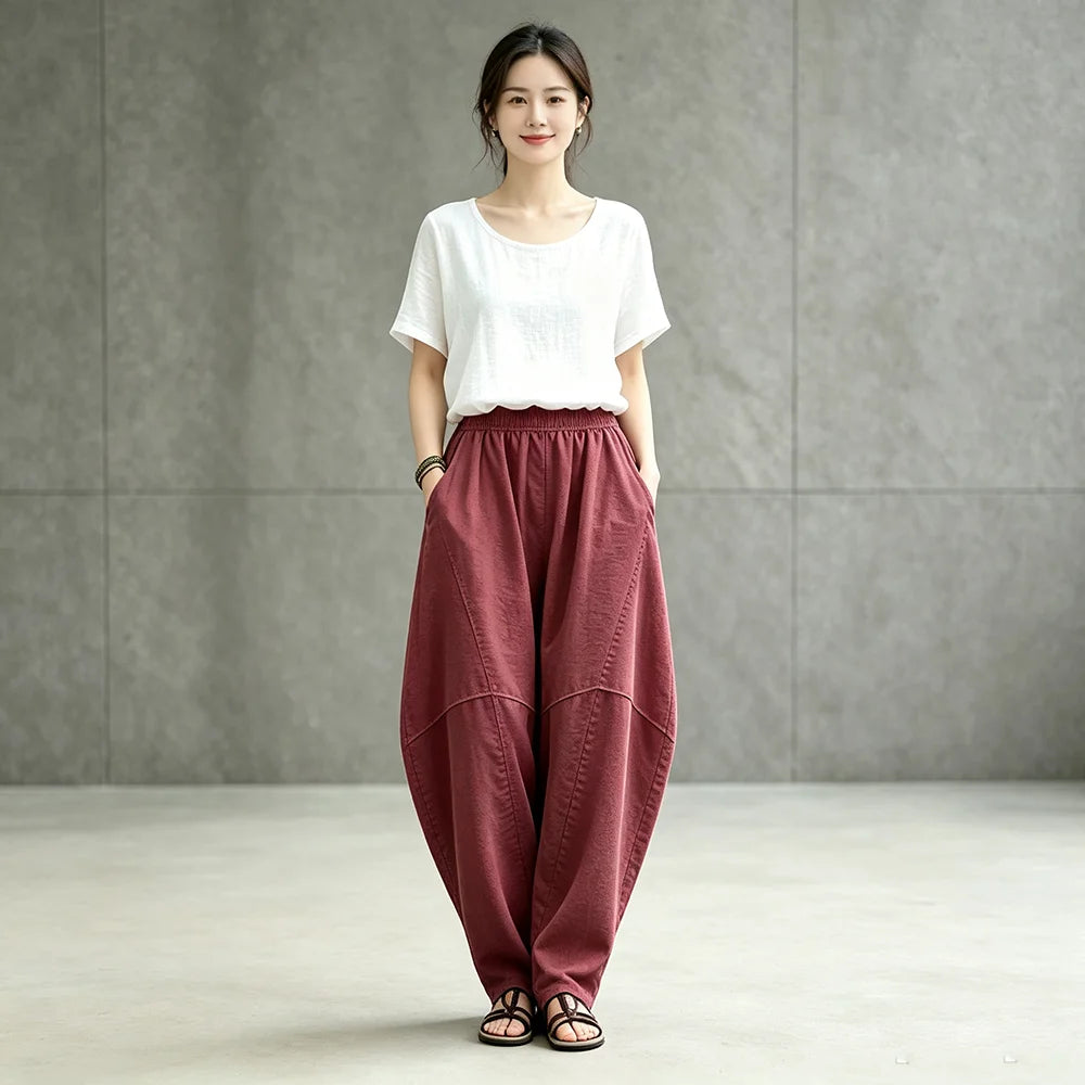 Women Linen Lantern Harem Pants Elastic High Waist Loose Spliced Baggy Trousers With Pockets Casual Oversized Wide Leg Pants Fle