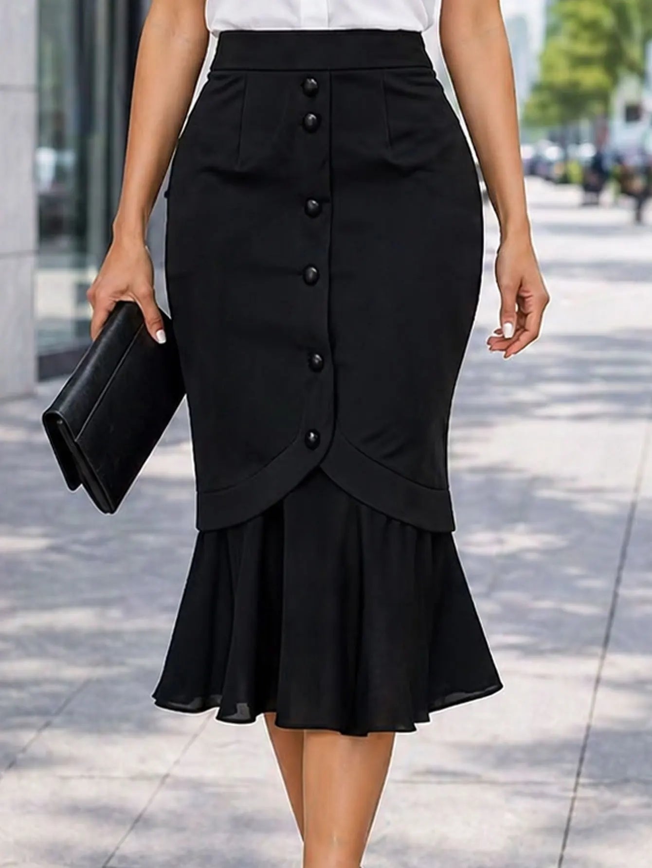 Women Black Mermaid Skirts Elastic High Waist Button Front Slim Fit Pencil Midi Work Party Business Casual Skirt