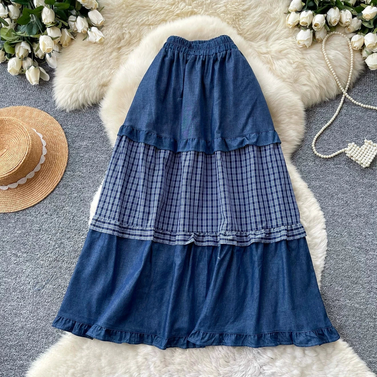 Karofi Tencel Cotton Patchwork Denim Skirt Women Elastic Waist Plaid Ruffle Midi Long Skirt Casual Vintage A Line Skirts