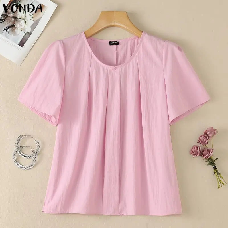 VONDA Casual Korean Style Tunics Women Tops Solid Color Casual Loose Short Sleeve Round Neck Blusas Fashion Elegant Blouse