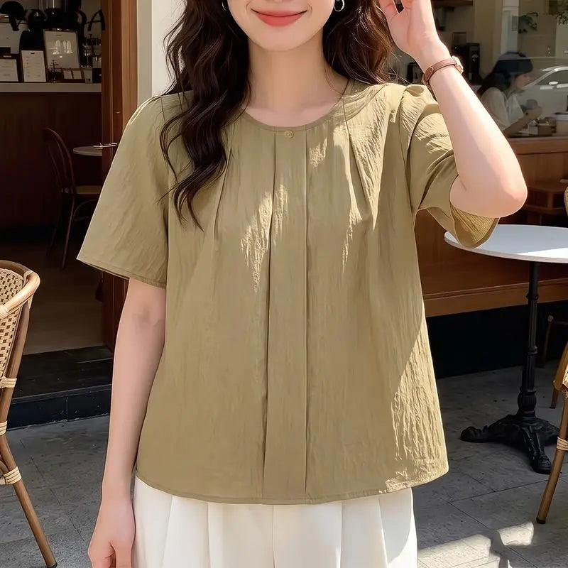 VONDA Casual Korean Style Tunics Women Tops Solid Color Casual Loose Short Sleeve Round Neck Blusas Fashion Elegant Blouse
