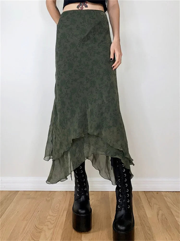 Women Vintage Floral Midi Skirts High Waist Mesh Wrapped Irregular Skirt Y2K Aesthetic Grunge Casual Sexy Streetwear