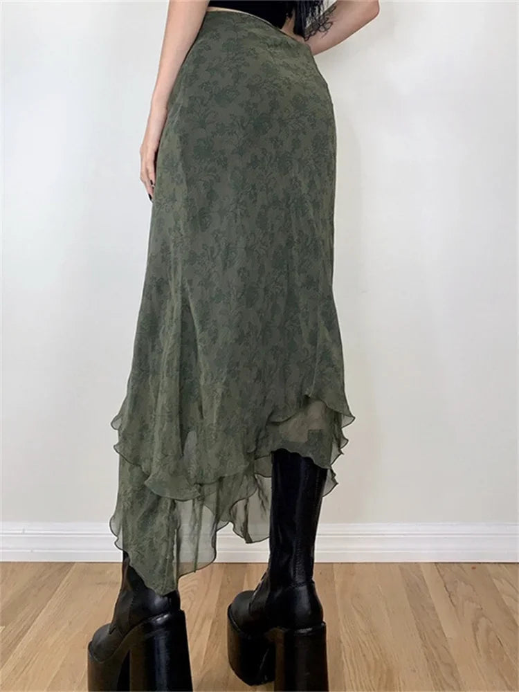 Women Vintage Floral Midi Skirts High Waist Mesh Wrapped Irregular Skirt Y2K Aesthetic Grunge Casual Sexy Streetwear
