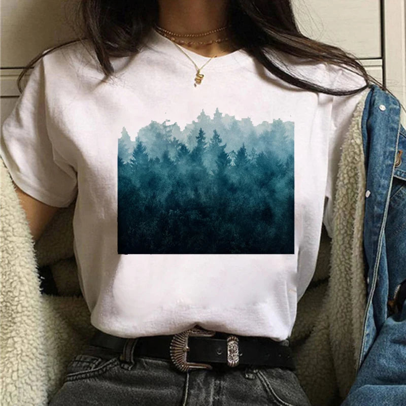 Maycaur Women Graphic Forest Mountain T Shirts Casual 90s Ulzzang Summer Printing Lady Clothes Tops Tees Print Female Tshirts