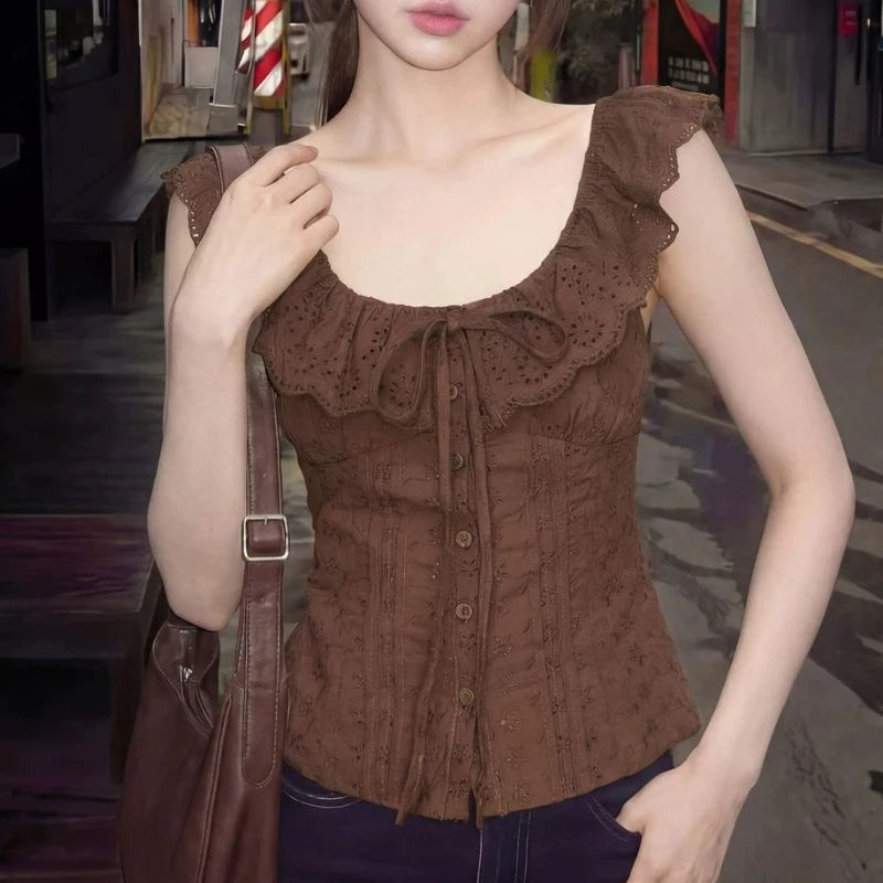 Lacing Sleeveless Ruffles Button Solid Korean Tops Tees Summer Hollow Out Slim Temperament T Shirts Korean Fashion Women Clothes