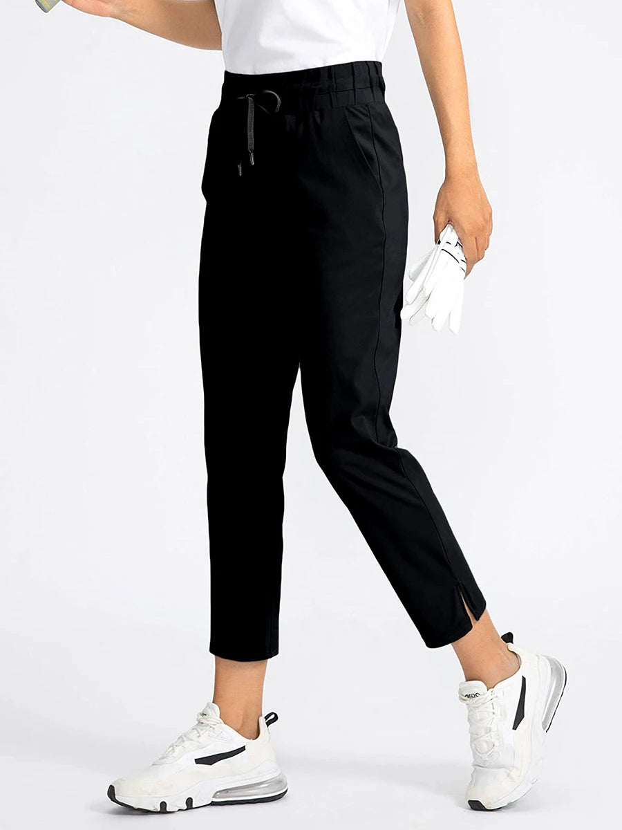 Women's Elastic High Waist Black Ankle Trousers Casual Loose Straight Leg Pants Drawstring Pockets Commuter Joggers Office