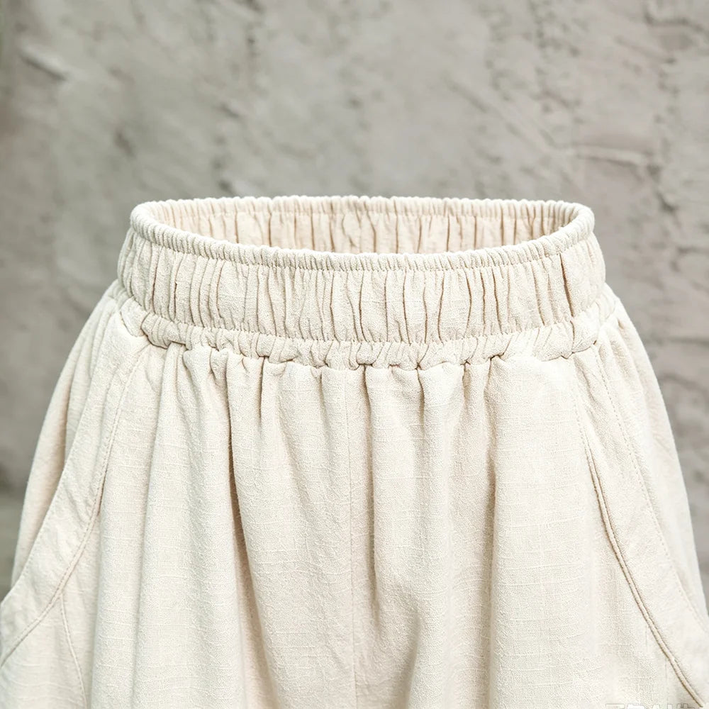 Women Linen Lantern Harem Pants Elastic High Waist Loose Spliced Baggy Trousers With Pockets Casual Oversized Wide Leg Pants Fle
