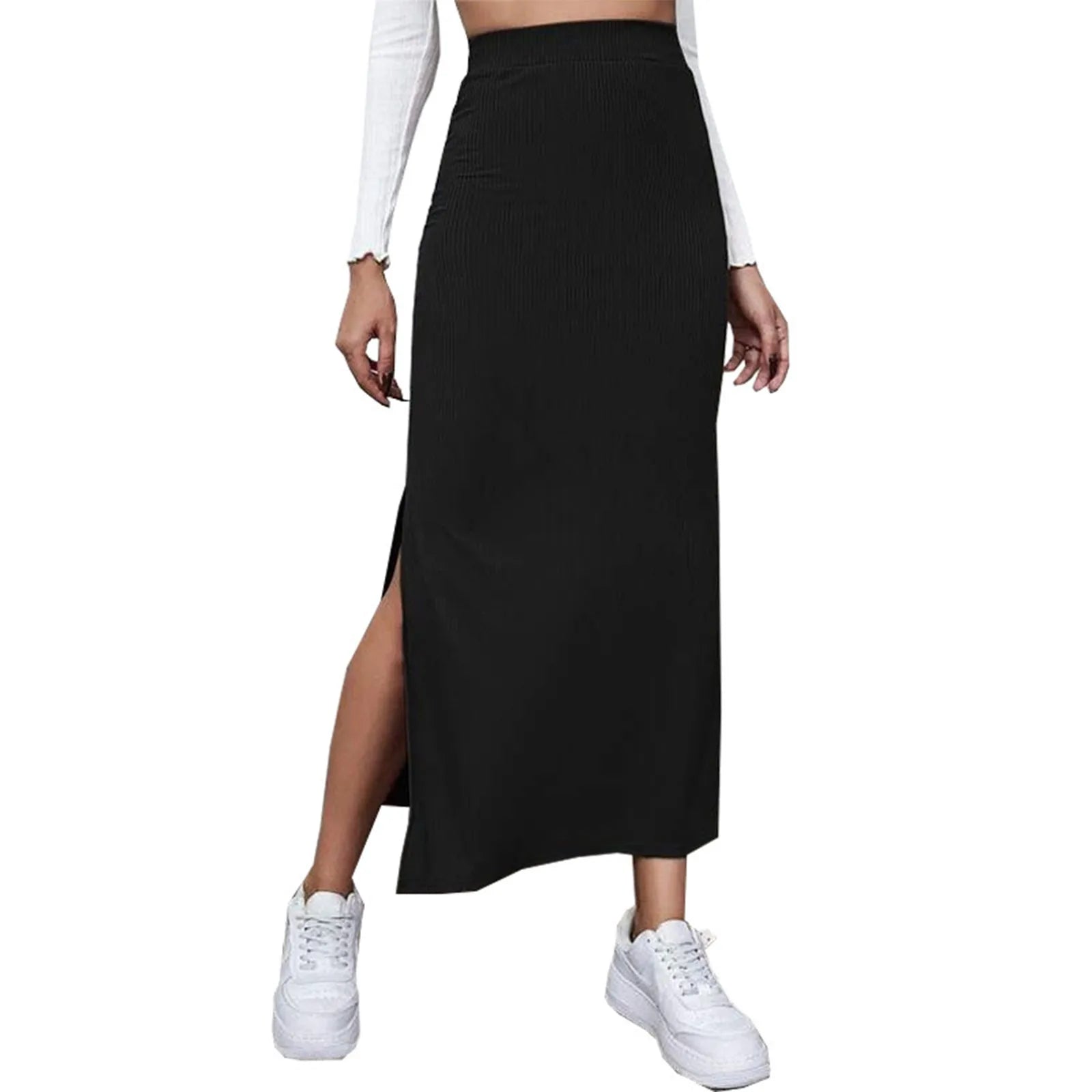 Female Solid Color Slim Fitting Midi Skirts With Slit Office High Waist Satin Skirts Fashion Sexy Straight Elastic Waist Dress