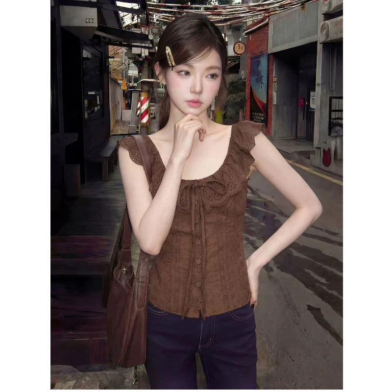 Lacing Sleeveless Ruffles Button Solid Korean Tops Tees Summer Hollow Out Slim Temperament T Shirts Korean Fashion Women Clothes