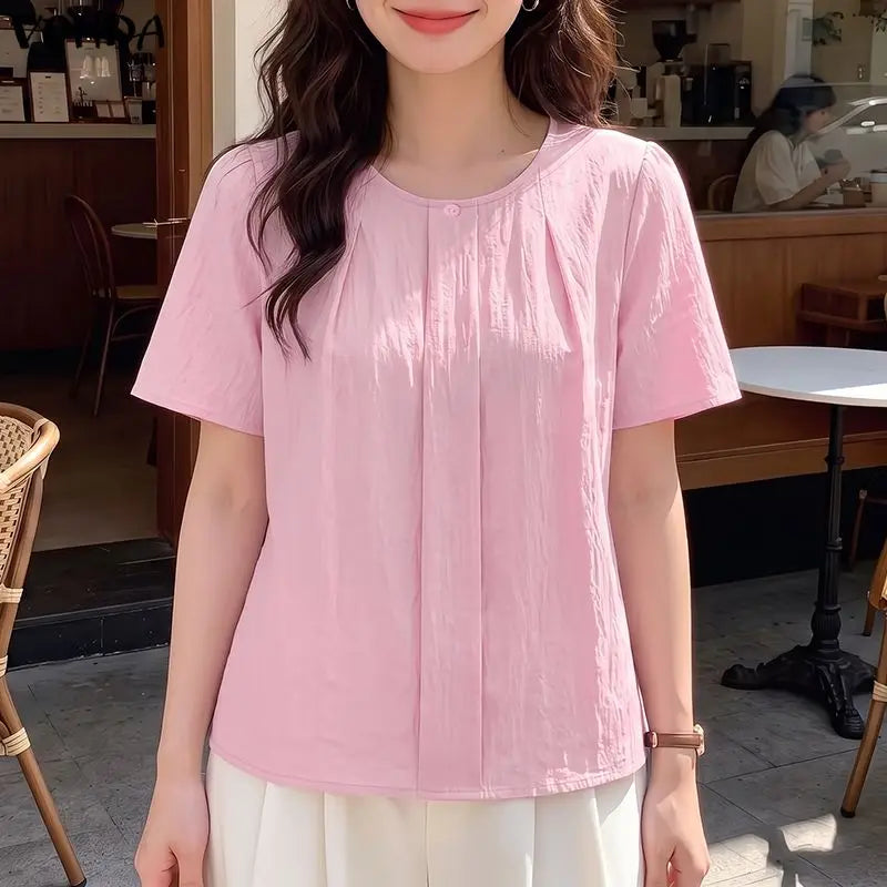 VONDA Casual Korean Style Tunics Women Tops Solid Color Casual Loose Short Sleeve Round Neck Blusas Fashion Elegant Blouse