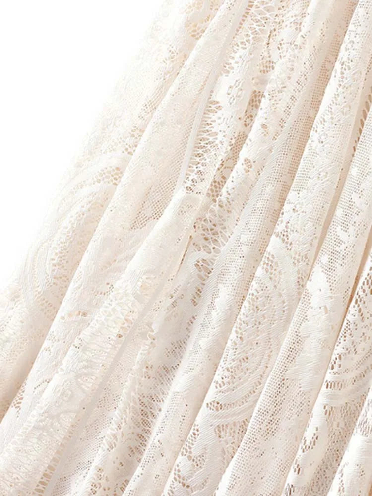 Spring Summer Women Lace Skirts Solid High Waist Elastic Vintage Elegant Office Ladies White Black Chic Long Skirts Jupe Longue