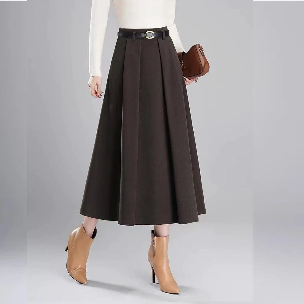 FairyShely Vintage Pleated Short Skirt Women 2026 Autumn Winter Woolen High Waist Belt Black Skirts Female Pocket A-line Skirt