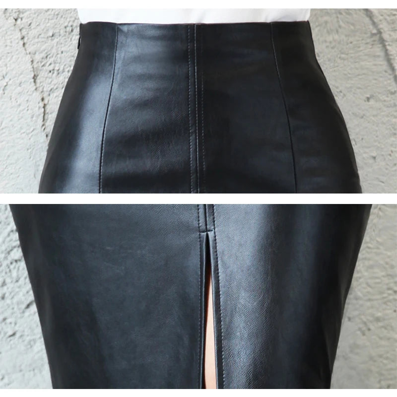Black Leather Skirt Women 2024 Autumn Midi PU Pencil Skirt Office Sexy Package Hip Front Or Back Slit Skirts 5XL