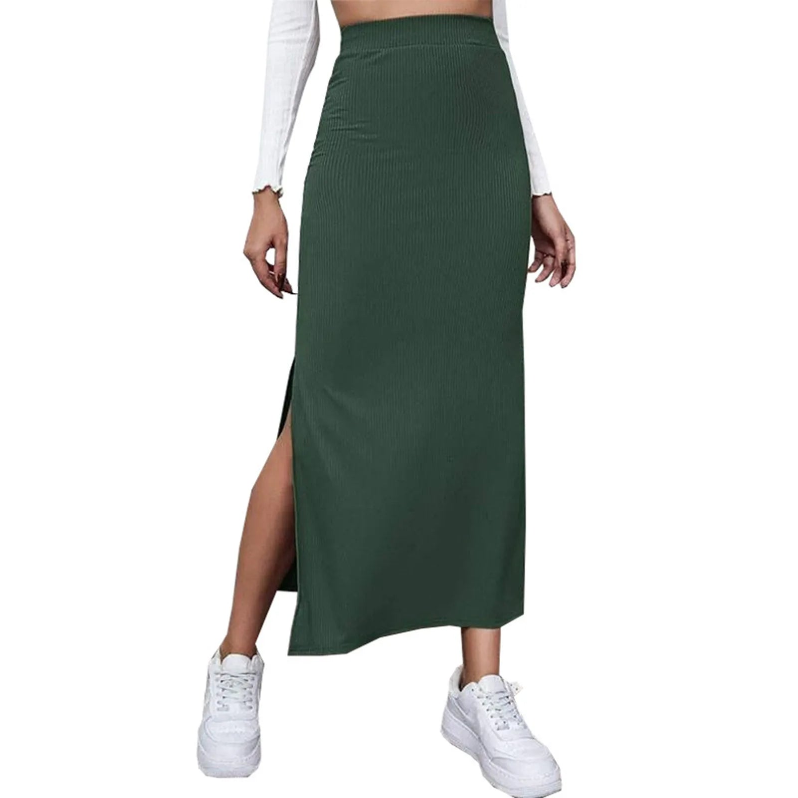Female Solid Color Slim Fitting Midi Skirts With Slit Office High Waist Satin Skirts Fashion Sexy Straight Elastic Waist Dress