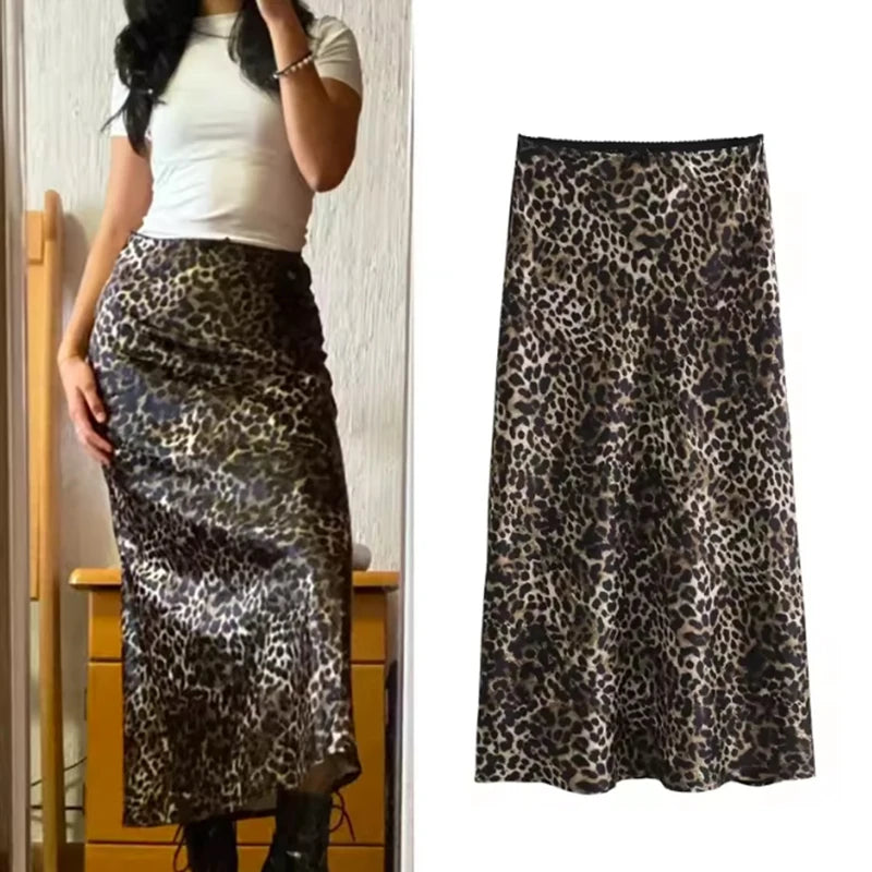 Women's Fashion Leopard Midi Skirt Holiday Women Skirt Long Skirt Stylish Elegant Skirts Vintage High Waist Skirts