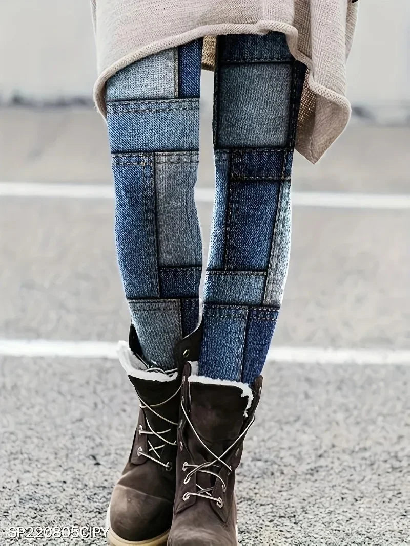 Plus-size Women's Fashion High-waisted Leggings Casual Imitation Denim Plaid Elastic Printed Leggings Casual Foot Pants