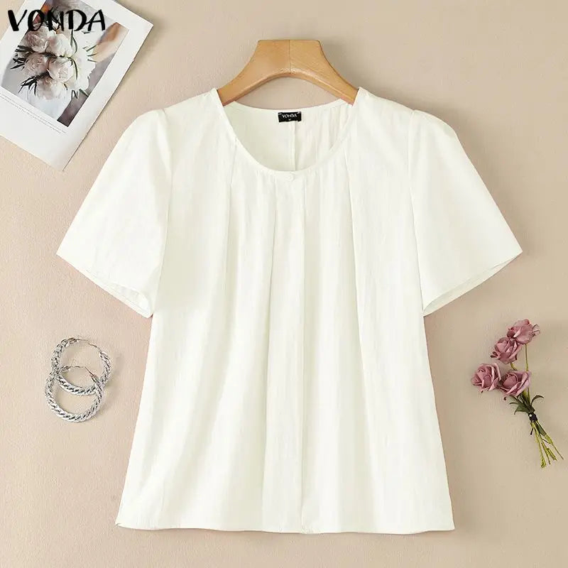 VONDA Casual Korean Style Tunics Women Tops Solid Color Casual Loose Short Sleeve Round Neck Blusas Fashion Elegant Blouse