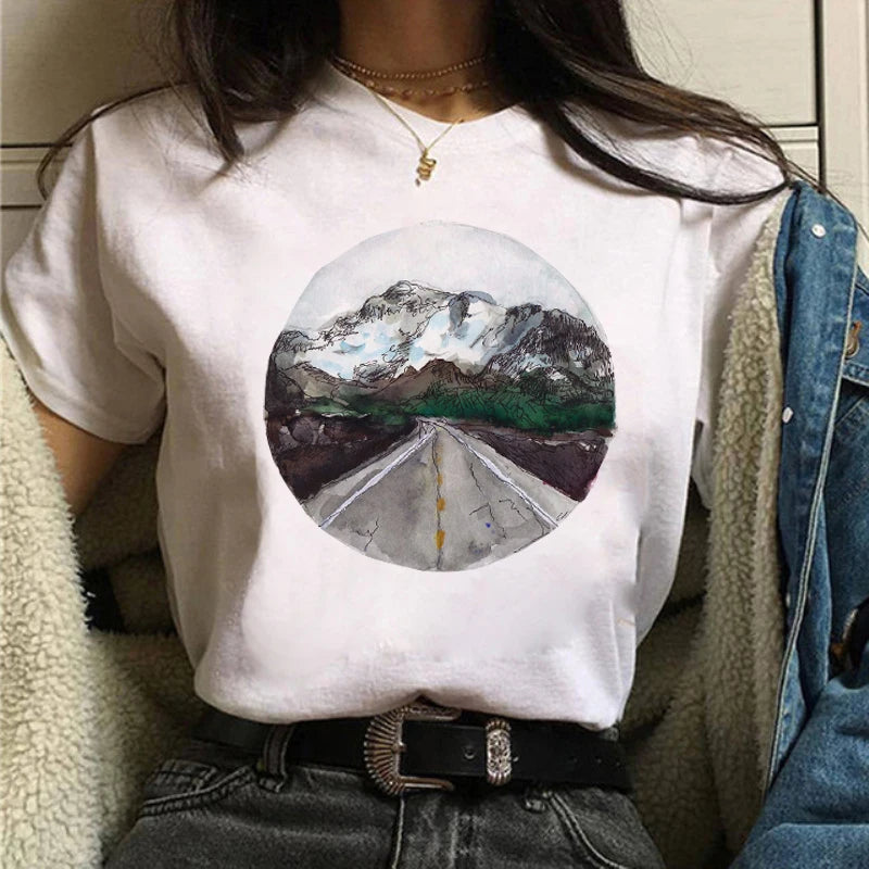 Maycaur Women Graphic Forest Mountain T Shirts Casual 90s Ulzzang Summer Printing Lady Clothes Tops Tees Print Female Tshirts