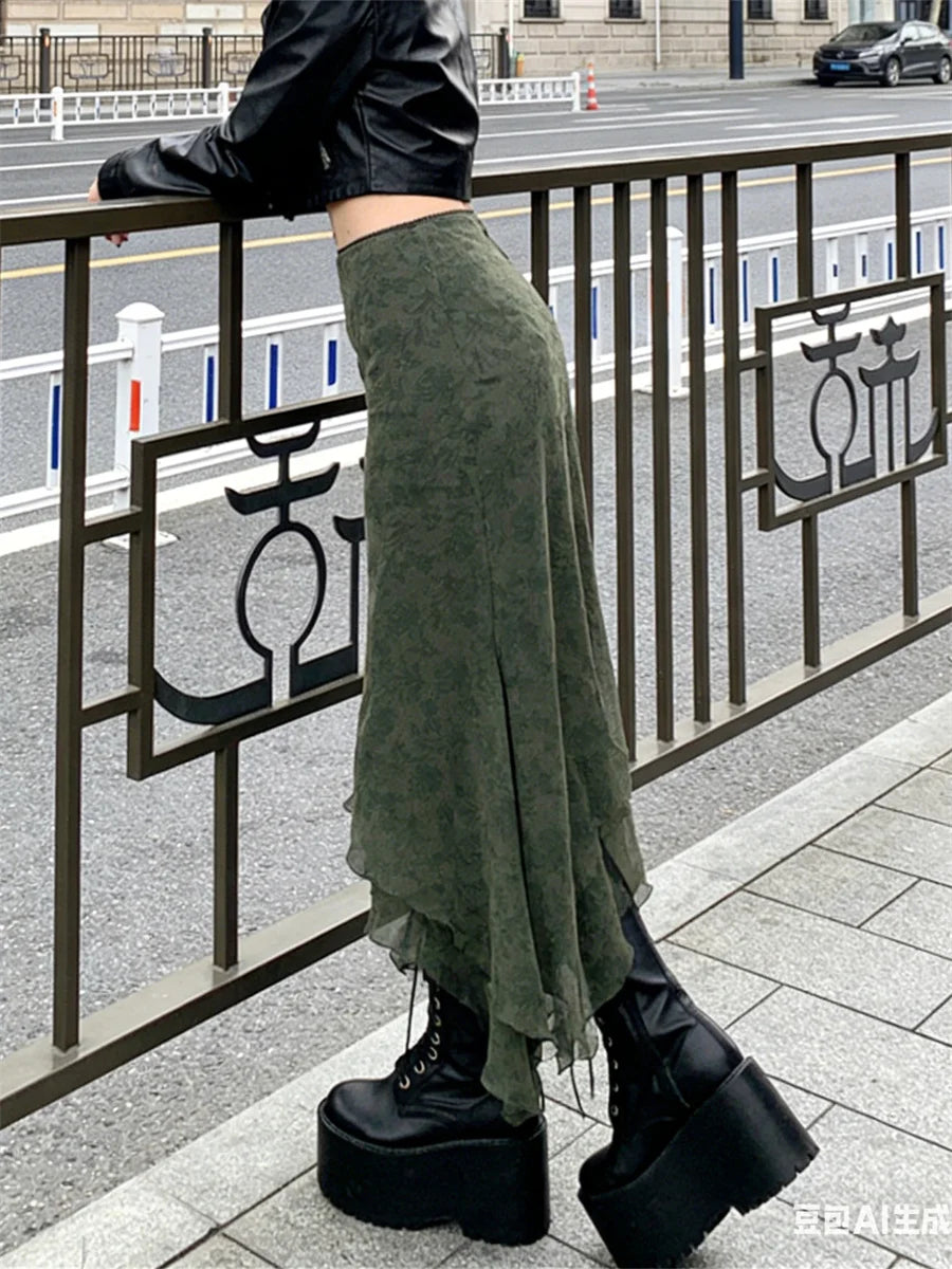 Women Vintage Floral Midi Skirts High Waist Mesh Wrapped Irregular Skirt Y2K Aesthetic Grunge Casual Sexy Streetwear