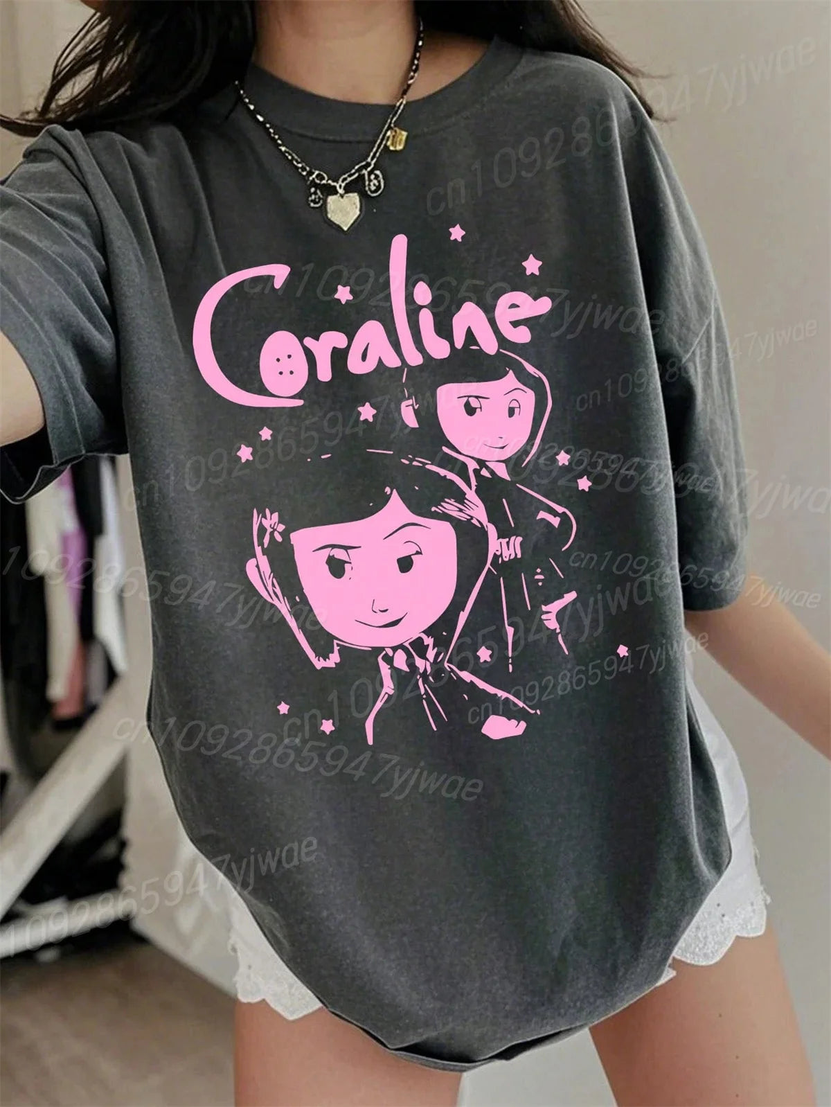 Womens' High-Quality Cotton T-Shirt Coraline 3d Graphic Short Sleeved O-Neck Loose&Breathable Comfortable Streetwear Casual Top
