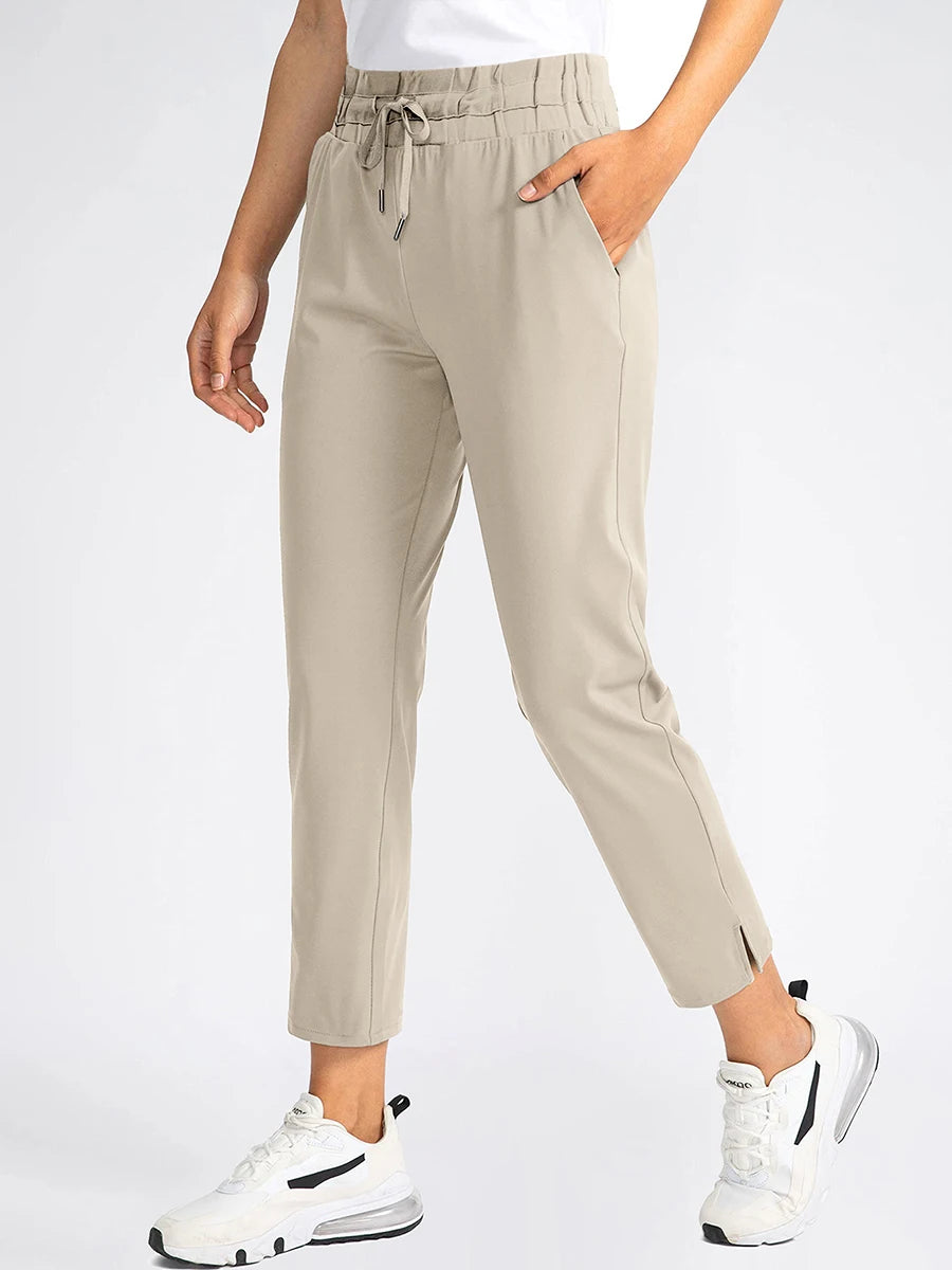 Women's Elastic High Waist Black Ankle Trousers Casual Loose Straight Leg Pants Drawstring Pockets Commuter Joggers Office