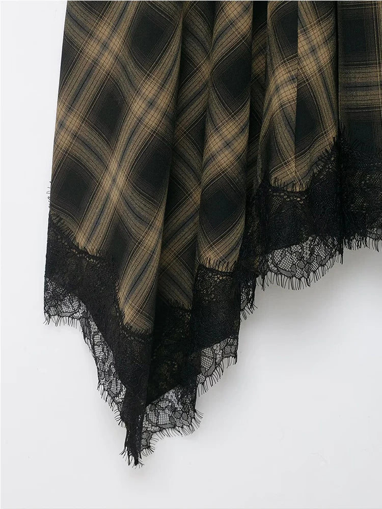 Women Vintage Plaid Skirt Fashion Lace Splice Elegant Midi Skirts Casual Street Skirt Asymmetry Ruched Female New Skirts