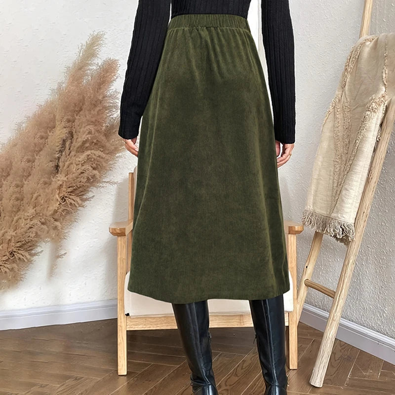 Vintage Green High Waist Midi Skirt Women Button Up Pocket A-Line Long Skirts Autumn Winter Ladies Casual Streetwear Jupe Femme