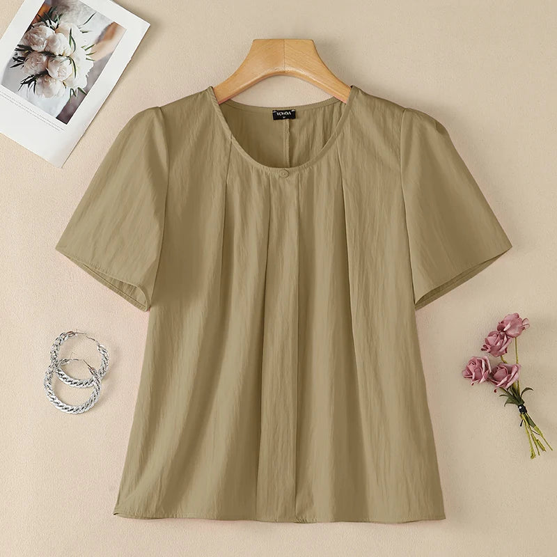 VONDA Casual Korean Style Tunics Women Tops Solid Color Casual Loose Short Sleeve Round Neck Blusas Fashion Elegant Blouse