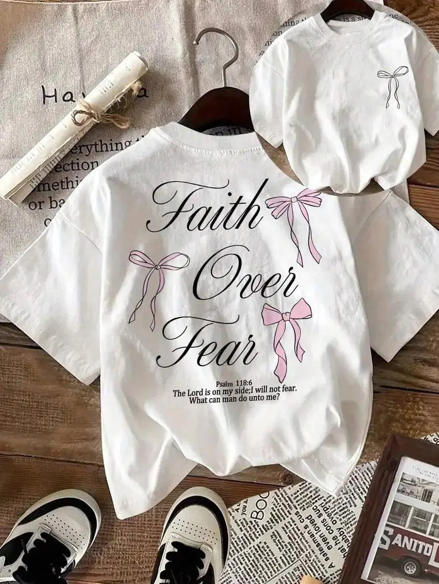 Pink Bow Faith Over Fear Printed Women Tee Shirts All-Match T-S...
