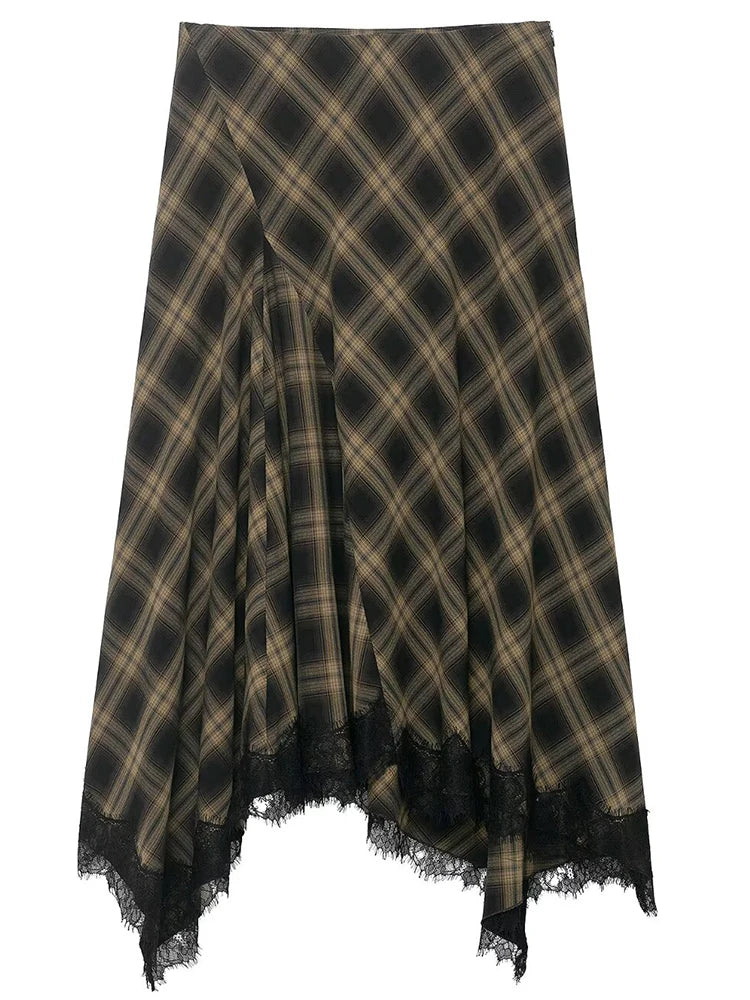 Women Vintage Plaid Skirt Fashion Lace Splice Elegant Midi Skirts Casual Street Skirt Asymmetry Ruched Female New Skirts