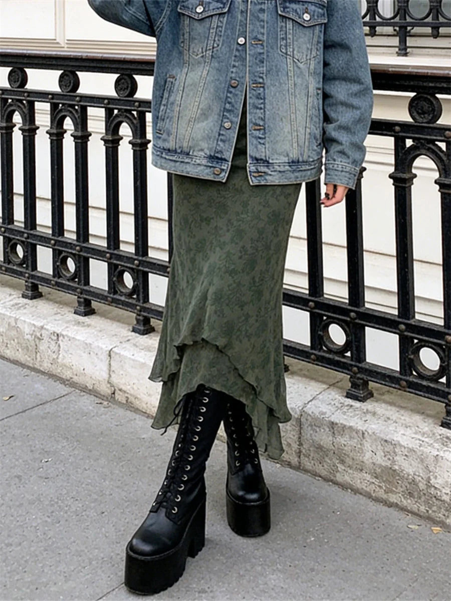 Women Vintage Floral Midi Skirts High Waist Mesh Wrapped Irregular Skirt Y2K Aesthetic Grunge Casual Sexy Streetwear