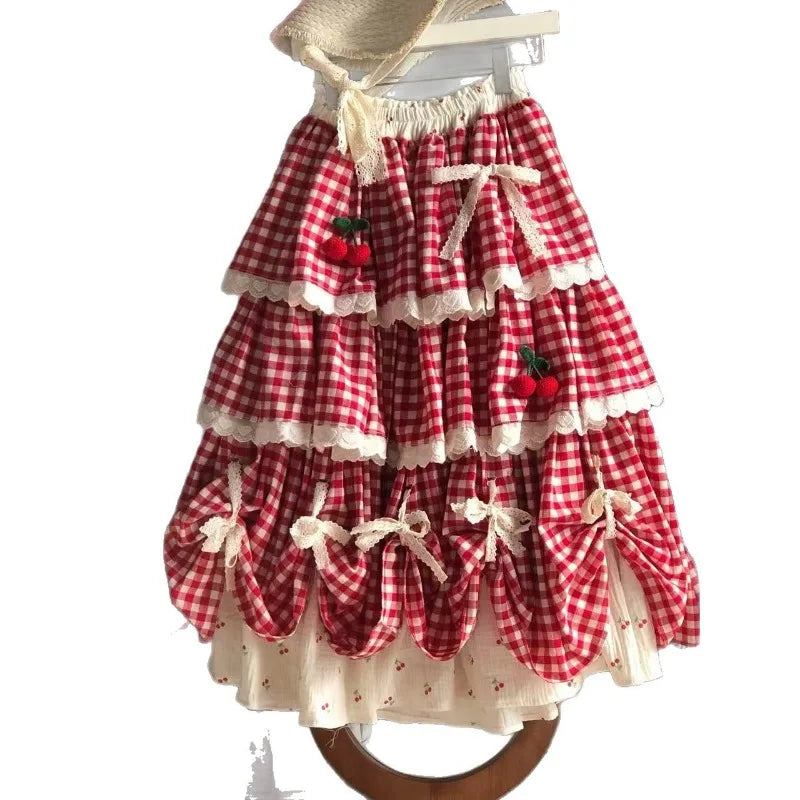 2026 New Sweet Lolita Plaid Layered Skirt Street Red White Gingham Cherry Bow Lace Ruffle Tiered High Waist A‑Line Midi Skirts