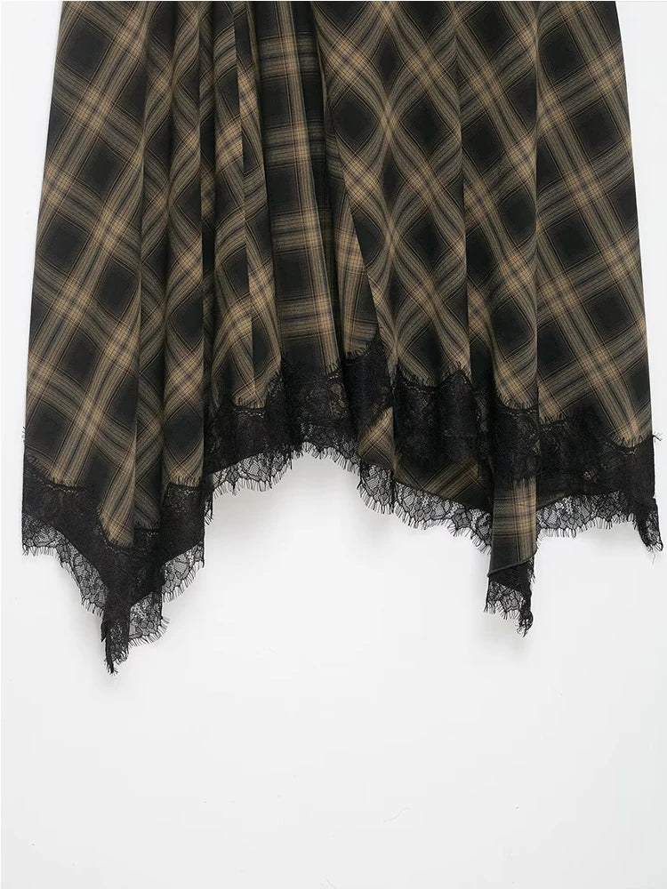 Women Vintage Plaid Skirt Fashion Lace Splice Elegant Midi Skirts Casual Street Skirt Asymmetry Ruched Female New Skirts