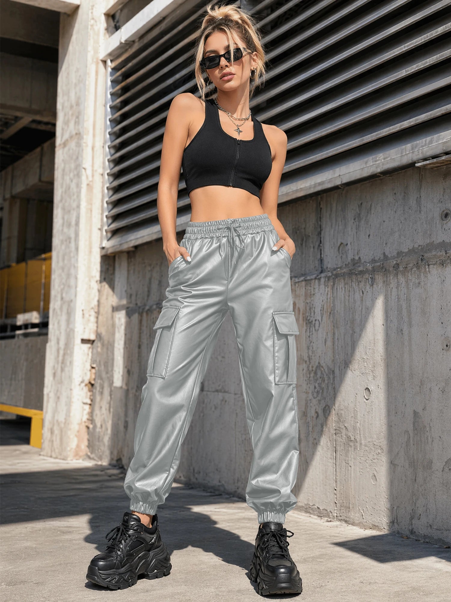 Women's  Pu Leather Cargo Joggers Pants Dressy Casual Silky Elastic High Waist Trousers