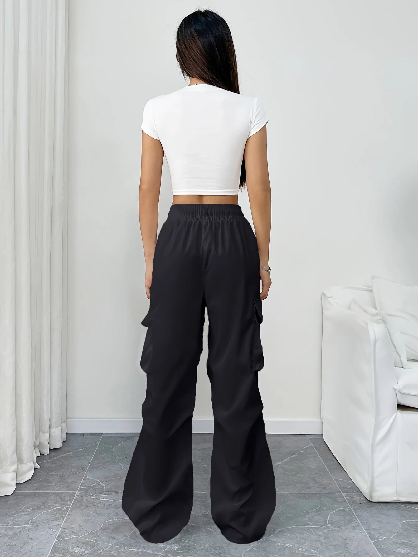 Women's Drawstring Waist Cargo Wide‑Leg Pants, elastic drawstring waist for easy wear without tightness. Large 3D cargo side poc