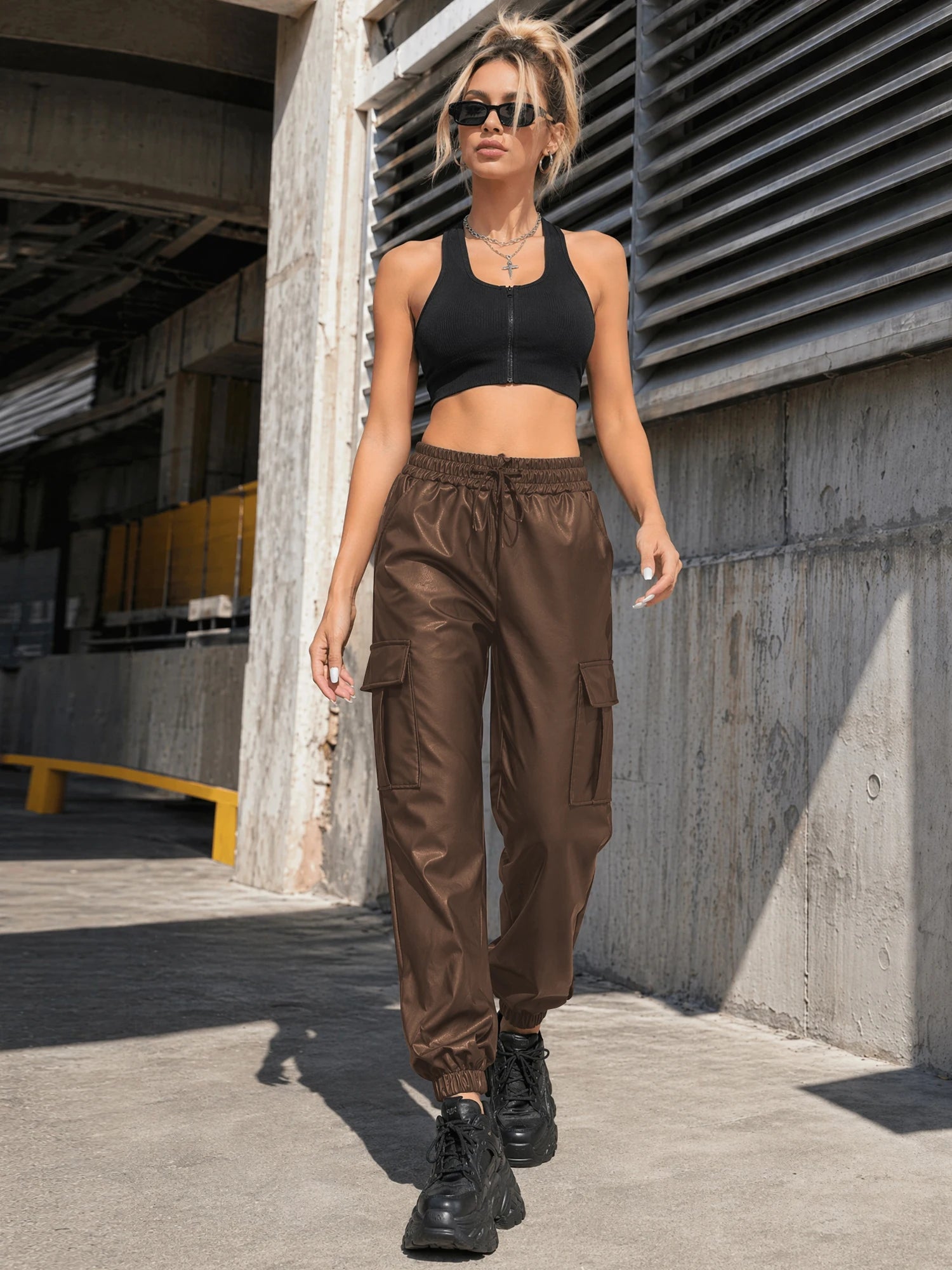 Women's  Pu Leather Cargo Joggers Pants Dressy Casual Silky Elastic High Waist Trousers