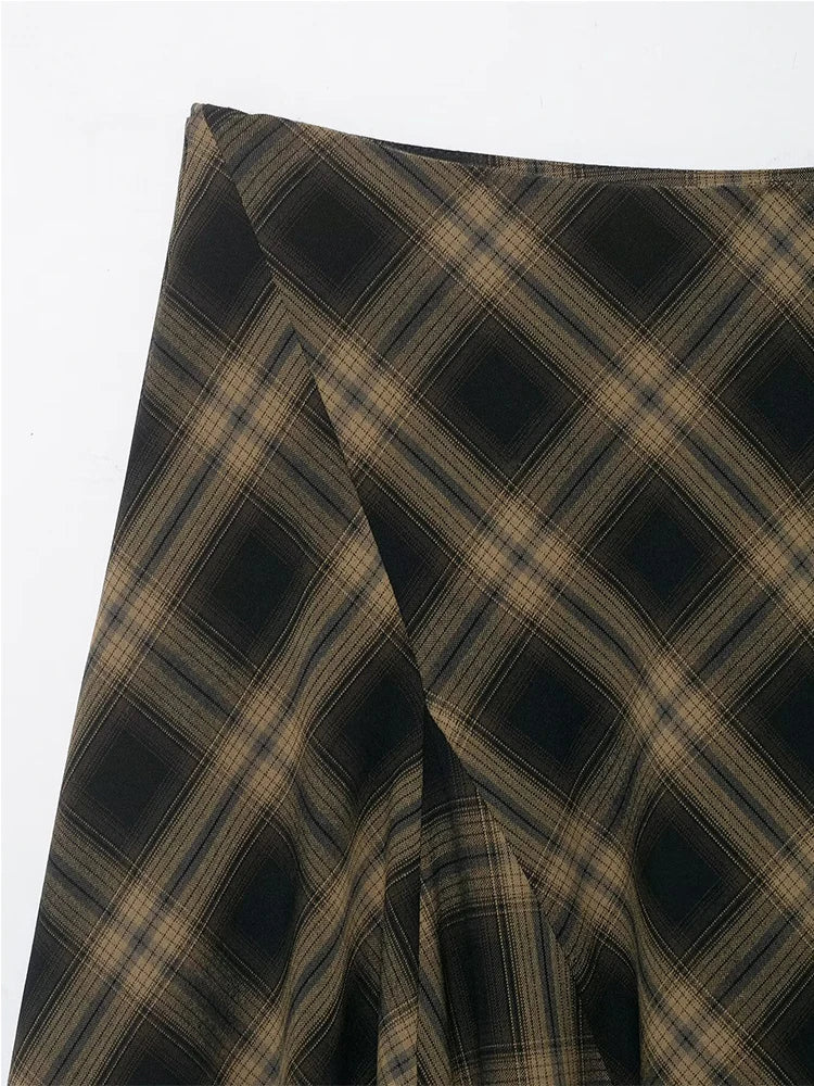 Women Vintage Plaid Skirt Fashion Lace Splice Elegant Midi Skirts Casual Street Skirt Asymmetry Ruched Female New Skirts