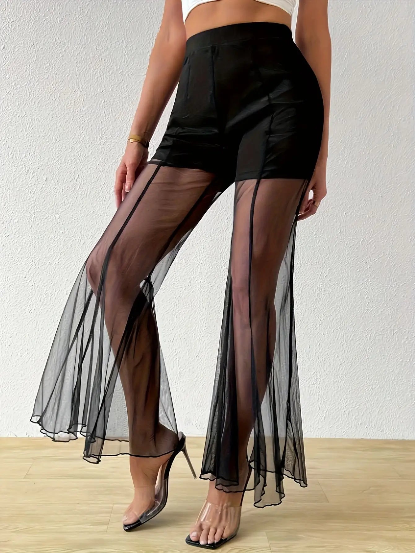 Mature Women's Dark Sexy Cool Handsome Wide Leg Flared Pants Fashionable Outfit Perspective Style