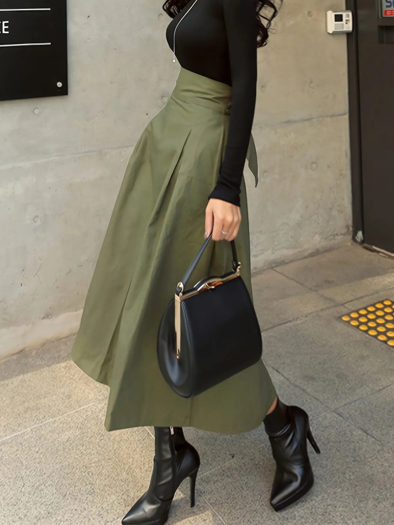 Stylish Solid A-line Skirts for Women Preppy School Style High Elastic Waist Long Skirt With Bow Woman Clothing Women's Skirts