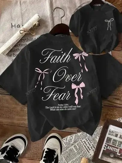 Pink Bow Faith Over Fear Printed Women Tee Shirts All-Match T-Shirt Casual O-Neck Clothes Hip Hop Y2K Short Sleeve