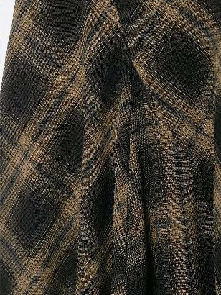 Women Vintage Plaid Skirt Fashion Lace Splice Elegant Midi Skirts Casual Street Skirt Asymmetry Ruched Female New Skirts