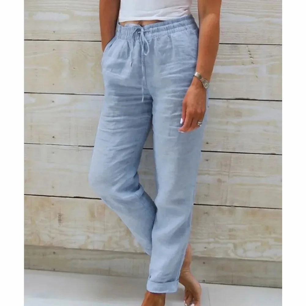 Women Summer Autumn Breathable Cotton Linen Trendy Pants Elastic Waist  Straight Leg Solid Color Female Casual Baggy Trousers