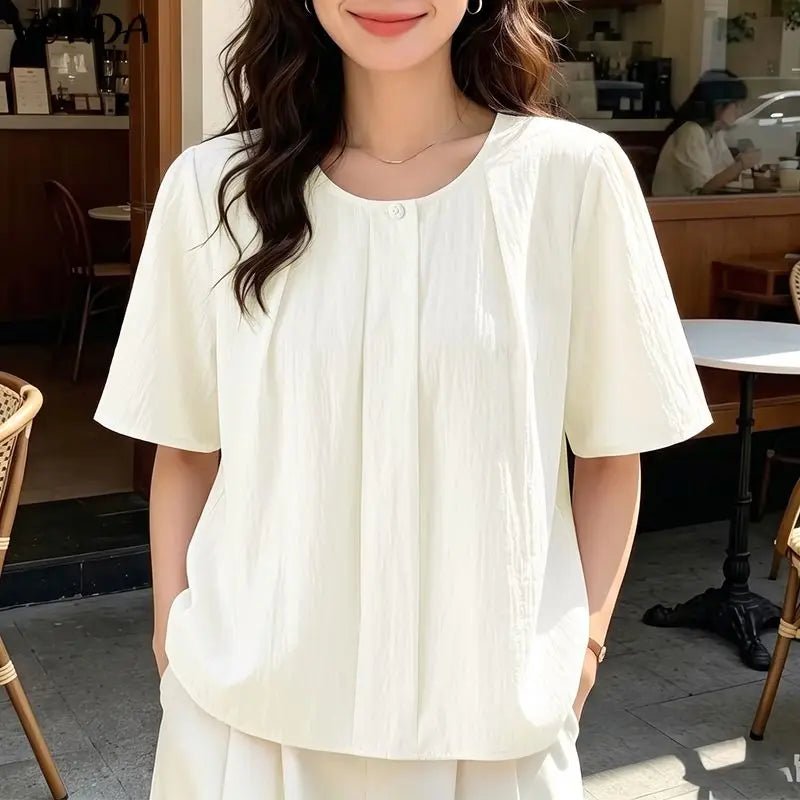 VONDA Casual Korean Style Tunics Women Tops Solid Color Casual Loose Short Sleeve Round Neck Blusas Fashion Elegant Blouse