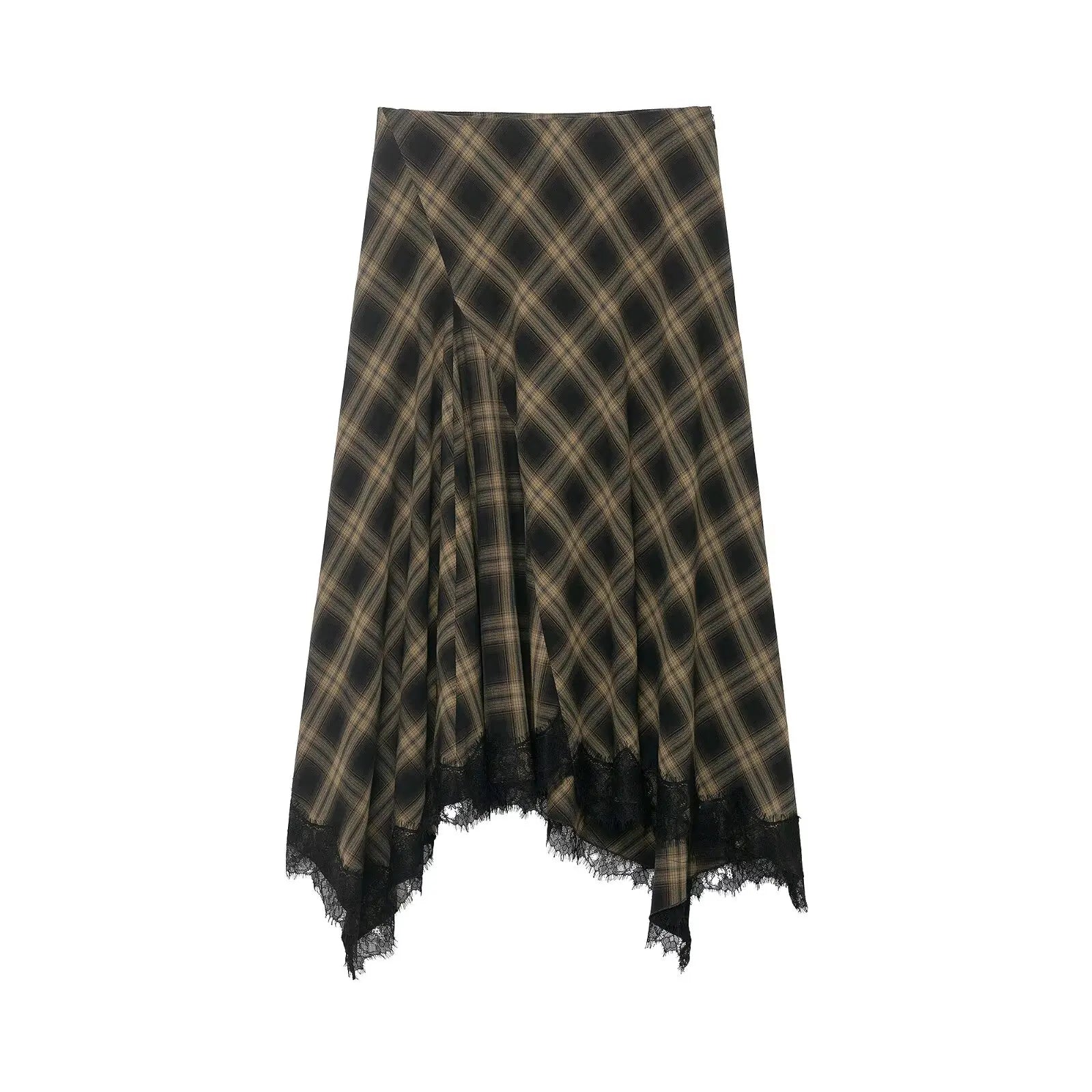 Women Vintage Plaid Skirt Fashion Lace Splice Elegant Midi Skirts Casual Street Skirt Asymmetry Ruched Female New Skirts